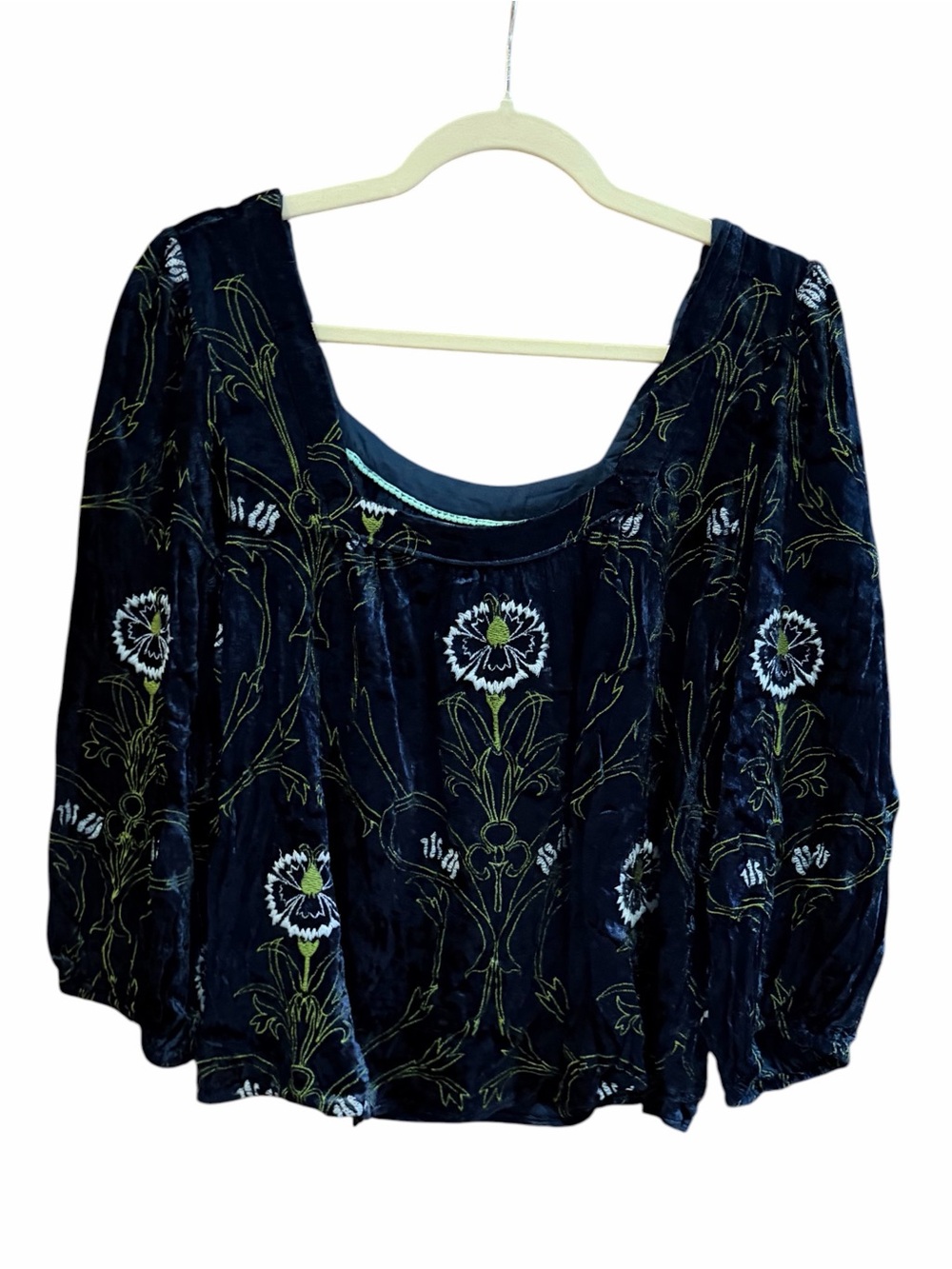 ANTHROPOLOGIE Velvet Embroidered Blouse Blue L - Picture 3 of 10